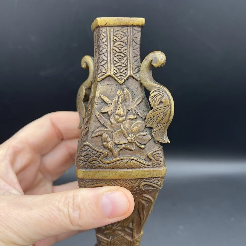 Vintage Chinese Brass Carving Vase Flowers Iris Morning Glory 6